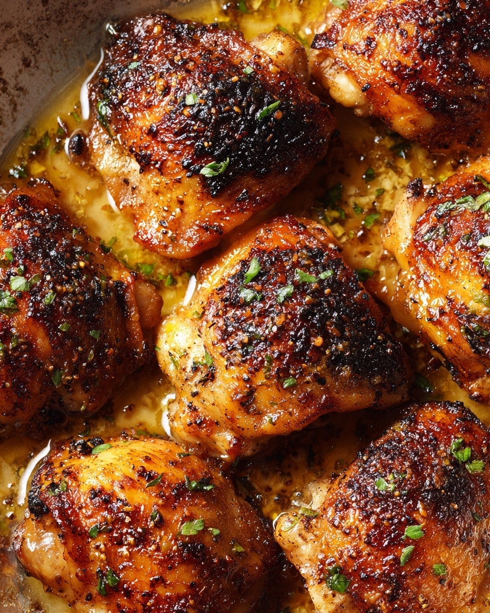 The image shows eight pieces of roasted chicken thighs in a baking dish. The chicken pieces have a golden-brown crispy skin with some charred spots, and they are sprinkled with small green chopped herbs, possibly parsley. The baking dish holds a yellowish sauce or oil that slightly covers the bottom, giving a shiny texture around the chicken. The chicken pieces are arranged closely together with some space between them in two rows, four pieces on top and four on the bottom. The surface under the dish is a white marbled texture. photo taken with an iphone --ar 4:5 --v 7