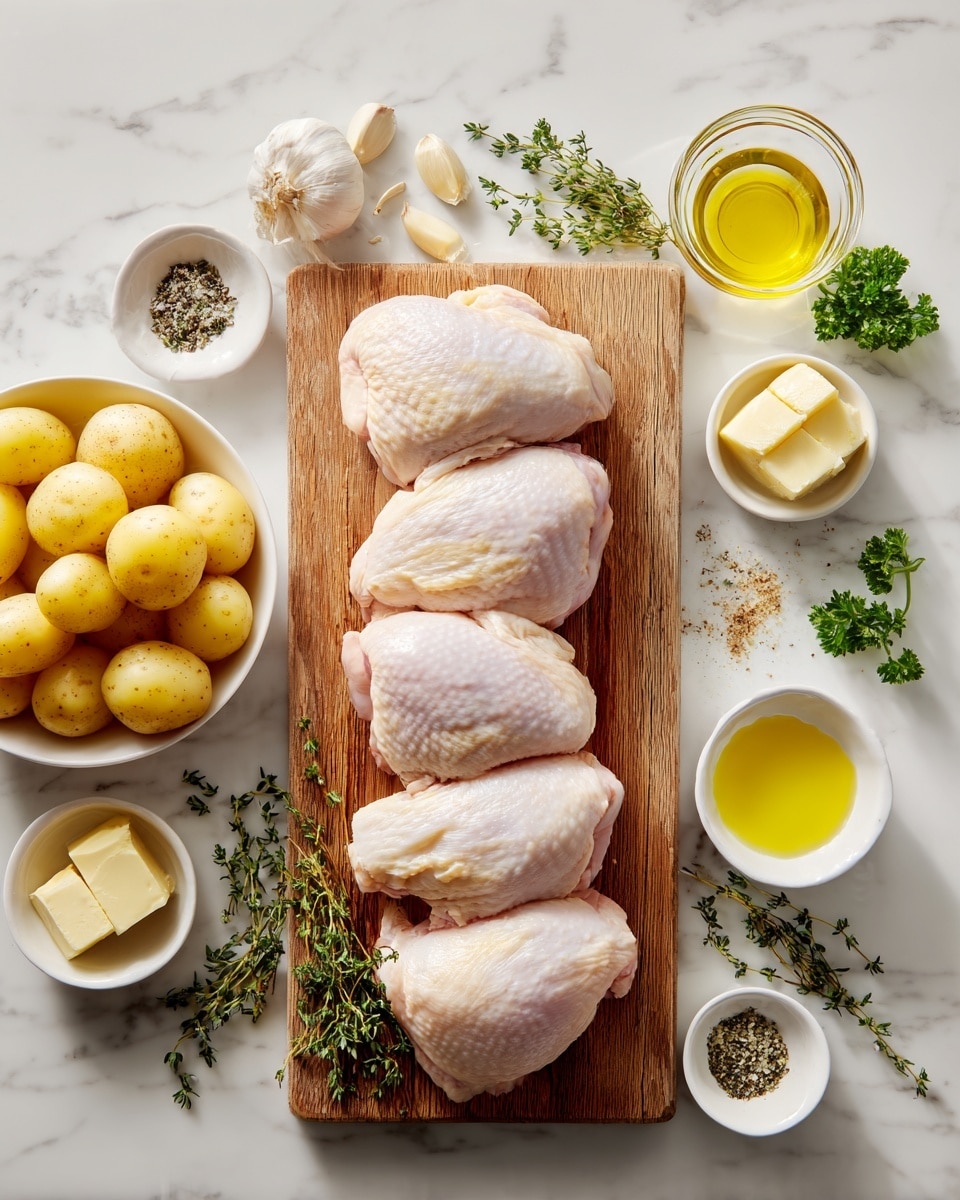 A wooden cutting board on a white marbled surface holds four raw chicken pieces lined up in a row with smooth, pale pink skin. To the left of the chicken is a white bowl filled with small cut yellow potatoes. Around the cutting board on the white marbled surface are small white bowls and clear glass containers with yellow olive oil, butter cubes, finely chopped garlic, lemon slices, dried herbs, powder spices, Dijon mustard, cheese, salt and pepper, and chopped green herbs. There are also sprigs of fresh green parsley and thyme placed decoratively near the bowls. Photo taken with an iphone --ar 4:5 --v 7