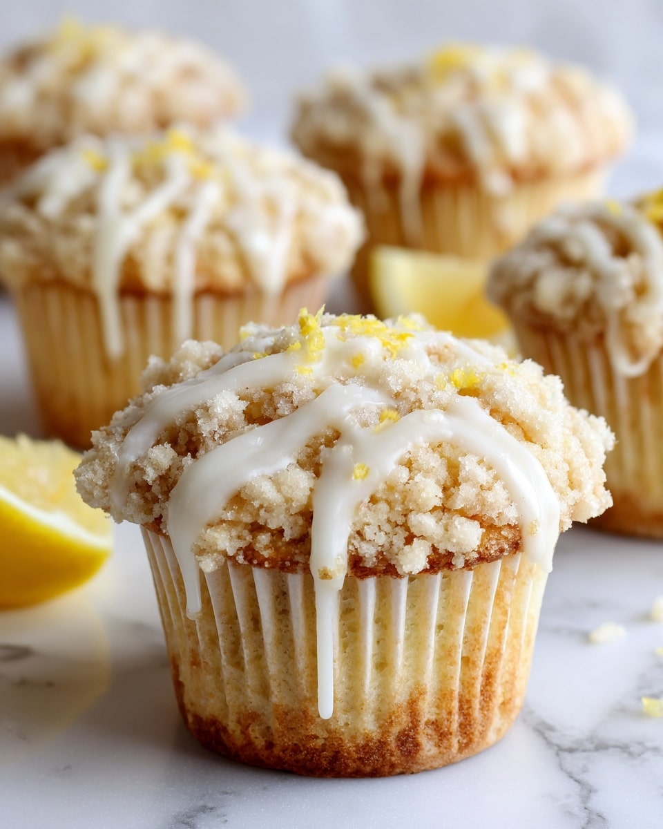 A close-up of a yellow cupcake with a light, crumbly texture has the white paper wrapper peeled down showing the base; the cupcake is topped with a smooth, white icing spread thinly on top with some small yellow zest pieces scattered on the icing and cake. In the background, a few more similar cupcakes and a lemon wedge rest on a white marbled surface creating a fresh, bright scene. Photo taken with an iphone --ar 4:5 --v 7