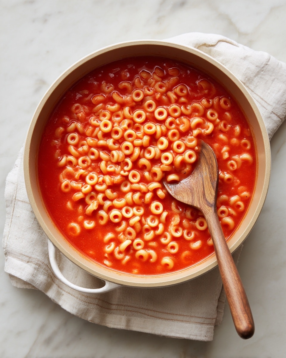A white bowl with a grid pattern on the outside is filled with small, round pasta rings coated in a thick red-orange sauce. Two woman's hands with pink nail polish hold the bowl close to the camera. In the background, there is a white pan filled with more of the same pasta and sauce, all on a white marbled surface. The scene is bright and clean, focusing on the pasta in the bowl. photo taken with an iphone --ar 4:5 --v 7