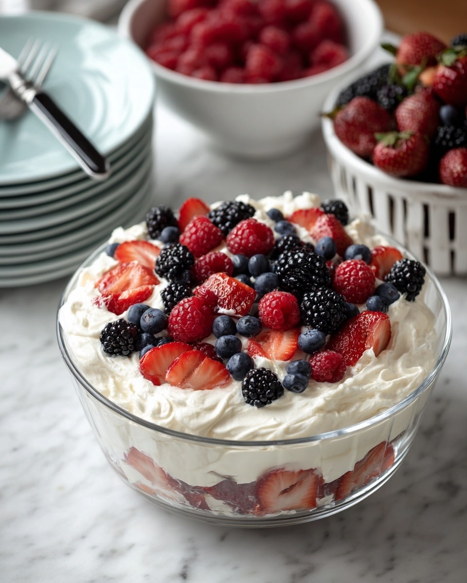 A clear glass bowl is filled with a mix of creamy white whipped topping and layers of fresh berries including bright red raspberries, sliced strawberries showing their red interior, deep blue blueberries, and black blackberries, all evenly mixed and visible through the whipped cream. The bowl sits on a white marbled surface. In the background, there is a basket filled with more strawberries and blackberries next to a white bowl full of raspberries, creating a colorful and fresh fruit setting. A light blue stack of white plates with a black handle rests behind the bowl. photo taken with an iphone --ar 4:5 --v 7