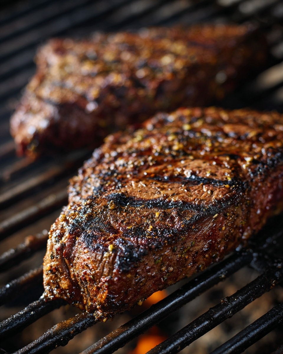 Two large pieces of grilled meat rest on a dark metal grill with wide spaces between the bars. The meat has a dark brown outer layer with visible seasoning and a slightly shiny texture from juices, showing a rough but moist surface. Each piece has distinct edges and a few deeper lines from the grilling process. The background is mostly blurred, focusing on the meat on the grill photo taken with an iphone --ar 4:5 --v 7