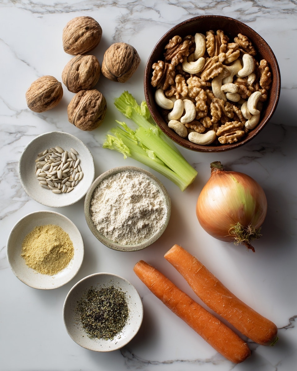 A group of ingredients arranged on a white marbled surface with a large brown bowl filled with mixed nuts like walnuts, cashews, and Brazil nuts at the top right. Below it, on the right side, sits a whole onion and two bright orange carrots alongside a piece of green celery. Towards the left, three small white dishes hold different powders and seeds: a plate with sunflower seeds at the top left, a plate filled with light flour just below it, a small plate with yellowish powder in the center, and another plate with mixed black and green spices at the bottom left. The colors contrast well with the white dishes and brown bowl creating a clean and fresh look. Photo taken with an iphone --ar 4:5 --v 7
