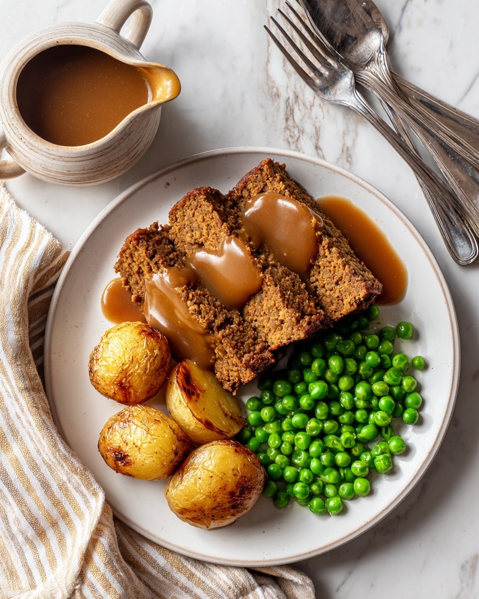A white plate holds three slices of brown lentil loaf with a textured surface, drizzled with thick brown gravy that also spills slightly onto the plate. To the right of the loaf, there is a heap of bright green peas, smooth and round. Below the peas are four golden-brown roasted potatoes with a slightly crispy texture and some gravy on top. The plate sits on a white marbled surface with a small pale brown jug of extra gravy nearby. A striped beige and white cloth napkin with two silver forks is placed above the plate. photo taken with an iphone --ar 4:5 --v 7