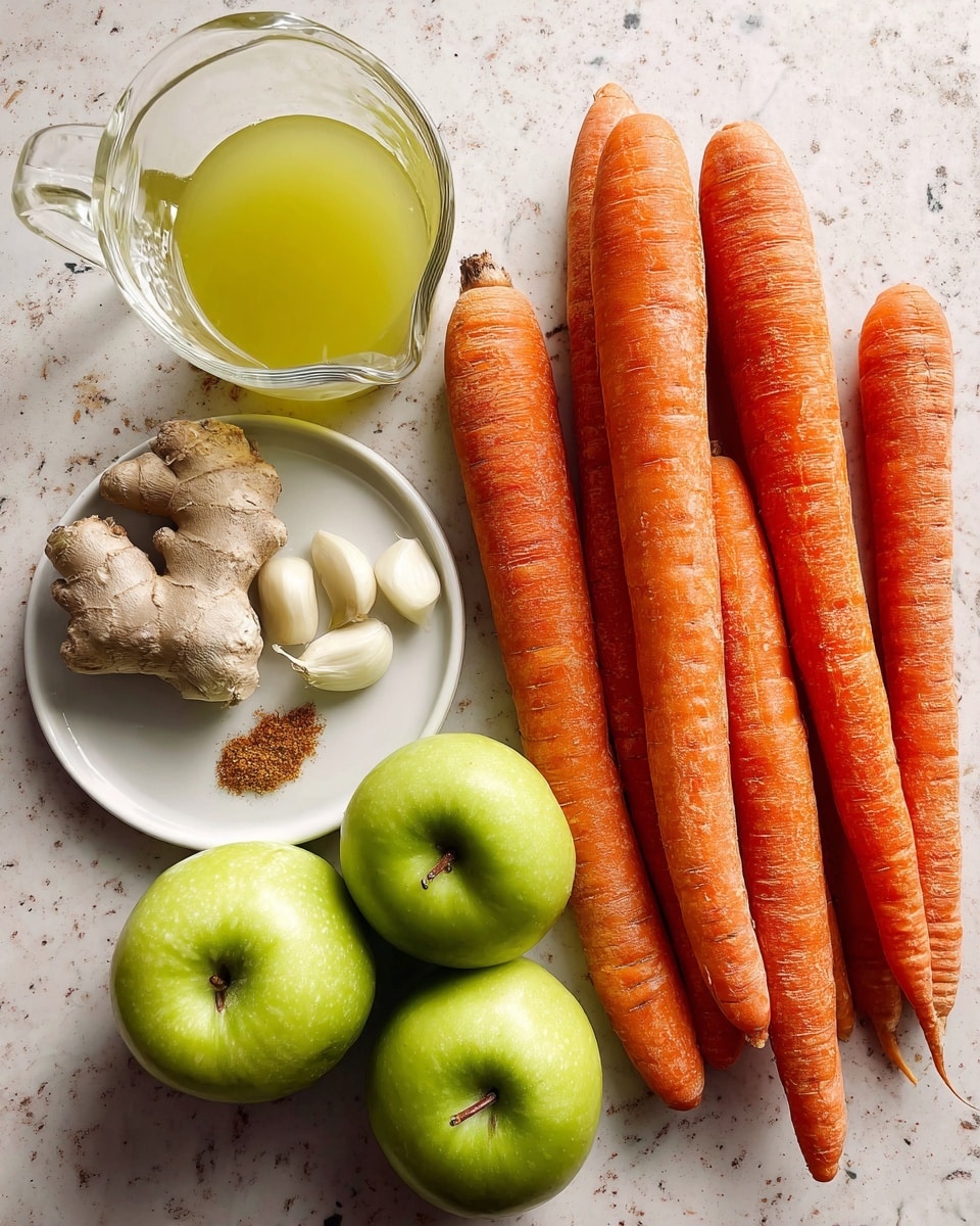 Five bright orange carrots with rough skin lay spread out on a light brown speckled surface. Near them is a small white plate holding three large peeled garlic cloves and a small pile of ground spice. Below the plate, two green apples with smooth shiny skin sit next to each other. To the right of the apples, a clear glass pitcher is filled halfway with a yellow-green liquid. A small piece of knobby beige ginger root is placed between the carrots and apples. The background is changed to a white marbled texture. photo taken with an iphone --ar 4:5 --v 7