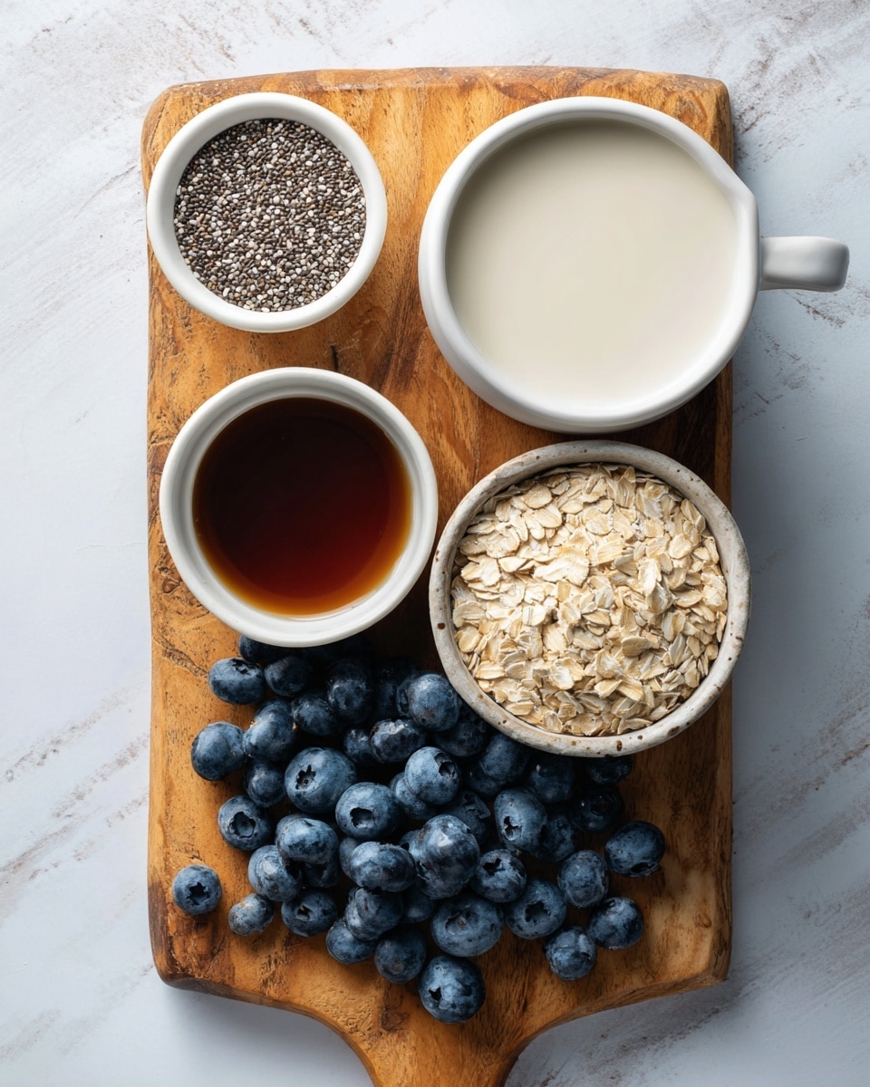 The image shows a wooden cutting board placed on a white marbled surface with four white bowls arranged on it. The top left bowl is filled with small, dark brown and white chia seeds. To the right of it, the second bowl contains a smooth, creamy white liquid. The largest bowl at the bottom right is full of light beige rolled oats. Below, a small bowl holds a dark brown liquid, likely syrup. Scattered on the cutting board and around it are many fresh blueberries with a deep blue color and a slightly glossy texture. Photo taken with an iphone --ar 4:5 --v 7