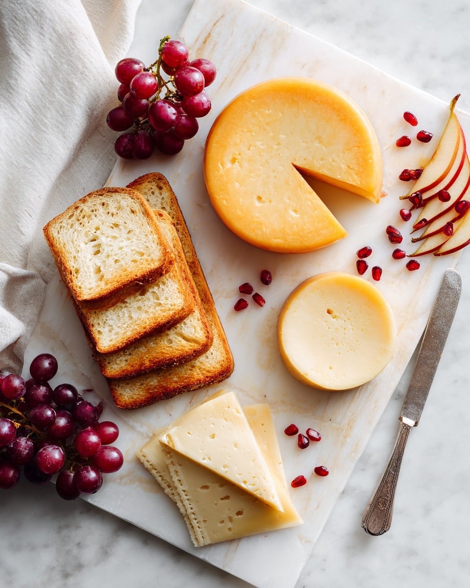 A light wooden board holds a colorful cheese and snack platter on a white marbled surface. The front lower layer has pale yellow cheese wedges topped with shiny red pomegranate seeds, with slices of soft white bread in front and red grapes beside. To the right, fig halves with pink flesh show next to thinly sliced sweet orange rounds. Behind them, sliced green apple pieces are fanned out, adding a fresh green layer. Towards the back, a round cheese topped with pomegranate seeds sits next to small white ramekin filled with dark red jam, where a woman's hand is holding a spoon mid-motion. The scene is decorated with sprigs of rosemary and surrounded by small round crackers and green olives in a white bowl. Photo taken with an iphone --ar 4:5 --v 7