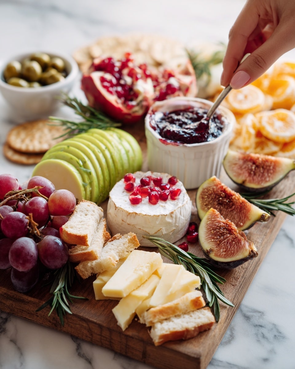 A white wooden board holds a snack arrangement on a white marbled surface. Starting from the left, there are five slices of light golden toasted bread stacked neat and leaning slightly. Next to the bread is a round golden orange cheese wheel with a triangular slice removed, placed near the wheel’s front. To the right is a smaller round pale yellow cheese wheel, smooth with a soft texture. Scattered nearby are glossy dark red pomegranate seeds. On the far right, there are four thin slices of light-colored pear with reddish skin, neatly fanned out. At the bottom, two wedge-shaped pieces of white cheese with some holes and texture sit near a small silver knife pointing left. Above the cheeses and bread is a small bunch of red and purple grapes still on the vine. The whole scene is bright and simple with soft natural light. Photo taken with an iphone --ar 4:5 --v 7