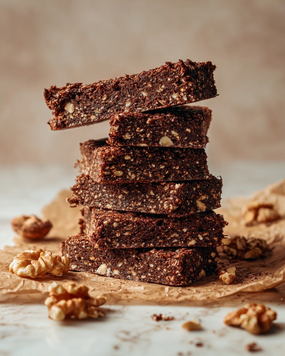This image shows a pile of six brown, crumbly chocolate oat bars on a piece of crumpled light brown parchment paper. The bars have a rough texture with small bits visible inside, showing oats and nuts, and they are stacked unevenly with one bar leaning on top at an angle. Around the pile, there are scattered crumbs and a few whole walnut halves, all set against a white marbled surface. The scene is softly lit, giving a cozy feel with focus on the rich texture and earthy colors of the bars. Photo taken with an iphone --ar 4:5 --v 7