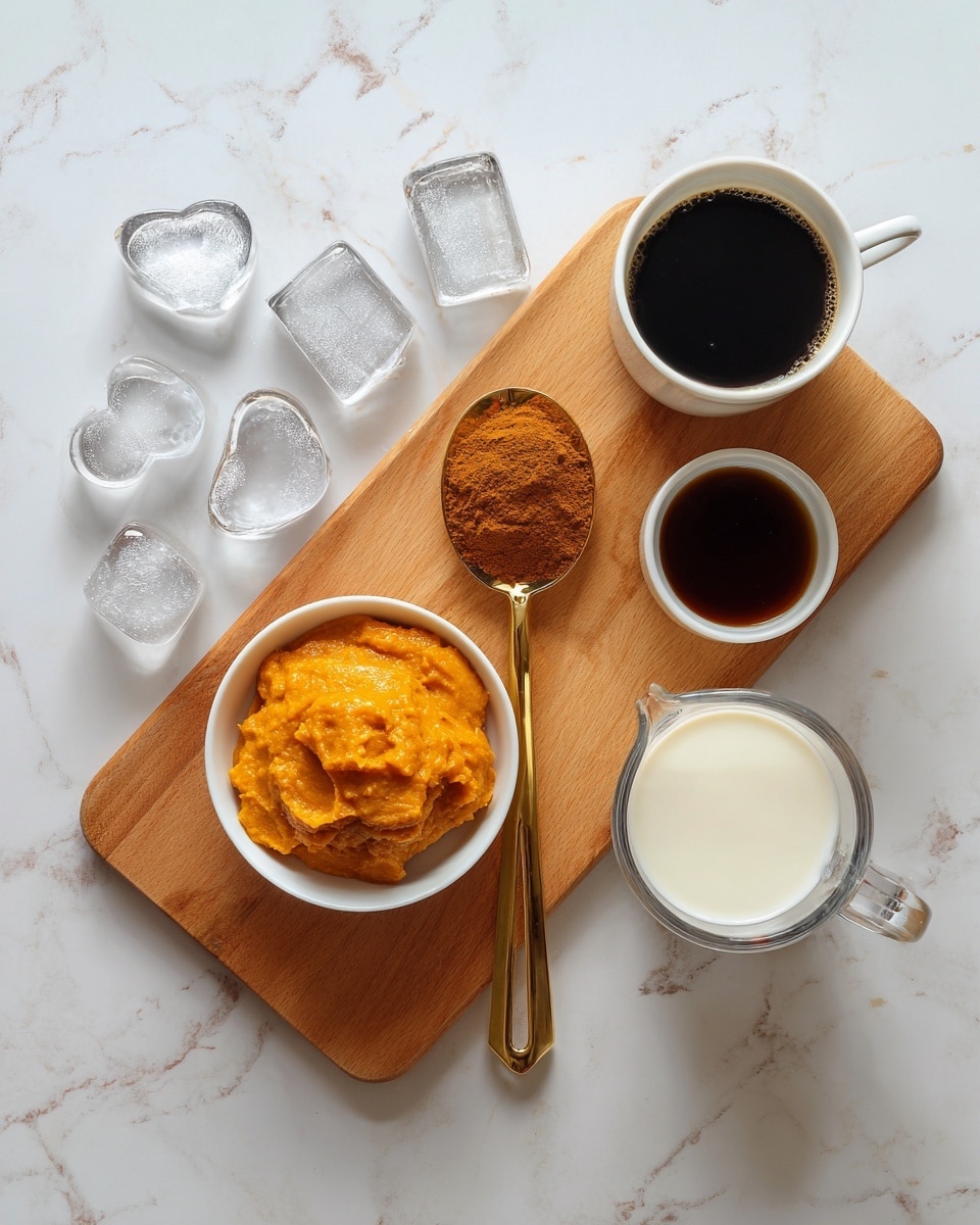 The image shows a wooden cutting board on a white marbled surface with several ingredients arranged on and around it. There are clear ice cubes, some shaped like hearts and some like crescents, scattered on the left side of the board. On the board is a small white bowl with a thick orange puree. Above the bowl is a gold metal measuring spoon filled with a finely ground brown powder resting on the board. Next to the spoon on the right is a small white bowl containing a dark brown liquid. Above the cutting board are two white cups: one filled with a dark black coffee and the other with creamy white milk in a clear glass measuring cup. The setup has a clean and fresh look. photo taken with an iphone --ar 4:5 --v 7