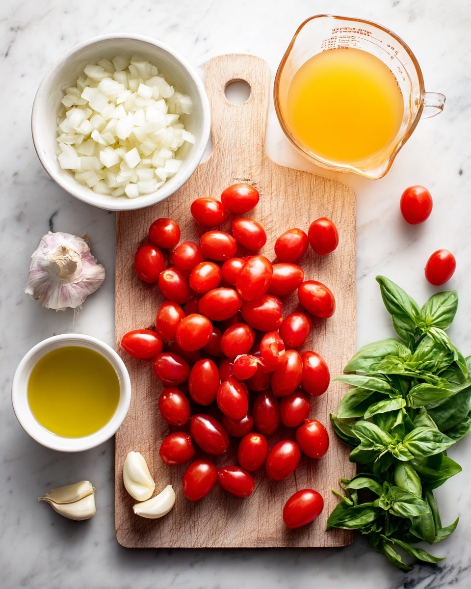On a white marbled surface, there is a light wooden cutting board centered with a pile of shiny red cherry tomatoes scattered across and around it. To the left, a white bowl holds roughly chopped white onions, and beneath it are several peeled garlic cloves alongside a small white bowl filled with golden olive oil. To the upper right, fresh bright green basil leaves are spread with a few more cherry tomatoes nearby. Next to the basil, a clear glass measuring cup contains yellow broth. The scene is bright and clean, showing fresh ingredients ready for cooking photo taken with an iphone --ar 4:5 --v 7
