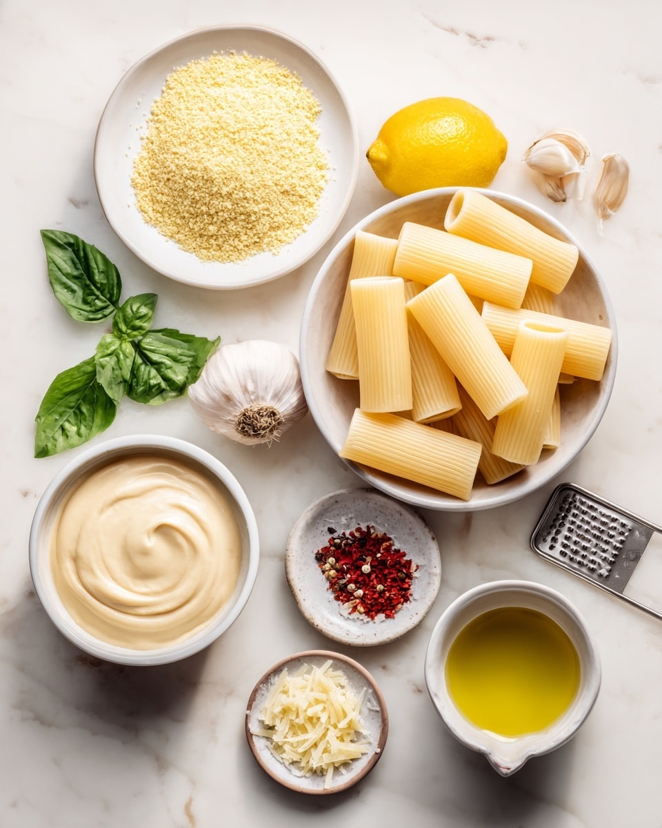 The image shows several cooking ingredients arranged on a white marbled surface. In the top right, a white bowl is filled with large, pale yellow rigatoni pasta pieces, some stacked horizontally and some slightly tilted. To the top left of the bowl, a white plate holds a pile of pale yellow nutritional yeast flakes with a grainy texture. Below it, a smaller white bowl contains smooth, creamy tahini sauce with swirled patterns on the surface. On the bottom middle left, some green fresh basil leaves are placed diagonally. Below the sauce bowl, two peeled garlic cloves lie next to a bright yellow lemon, positioned near a metal grater. To the right, a small white plate has a mix of coarse white salt and red pepper flakes. At the bottom left, another small white plate holds finely grated lemon zest, scattered loosely. Finally, a small white cup on the bottom right contains olive oil with a golden green hue. Photo taken with an iphone --ar 4:5 --v 7