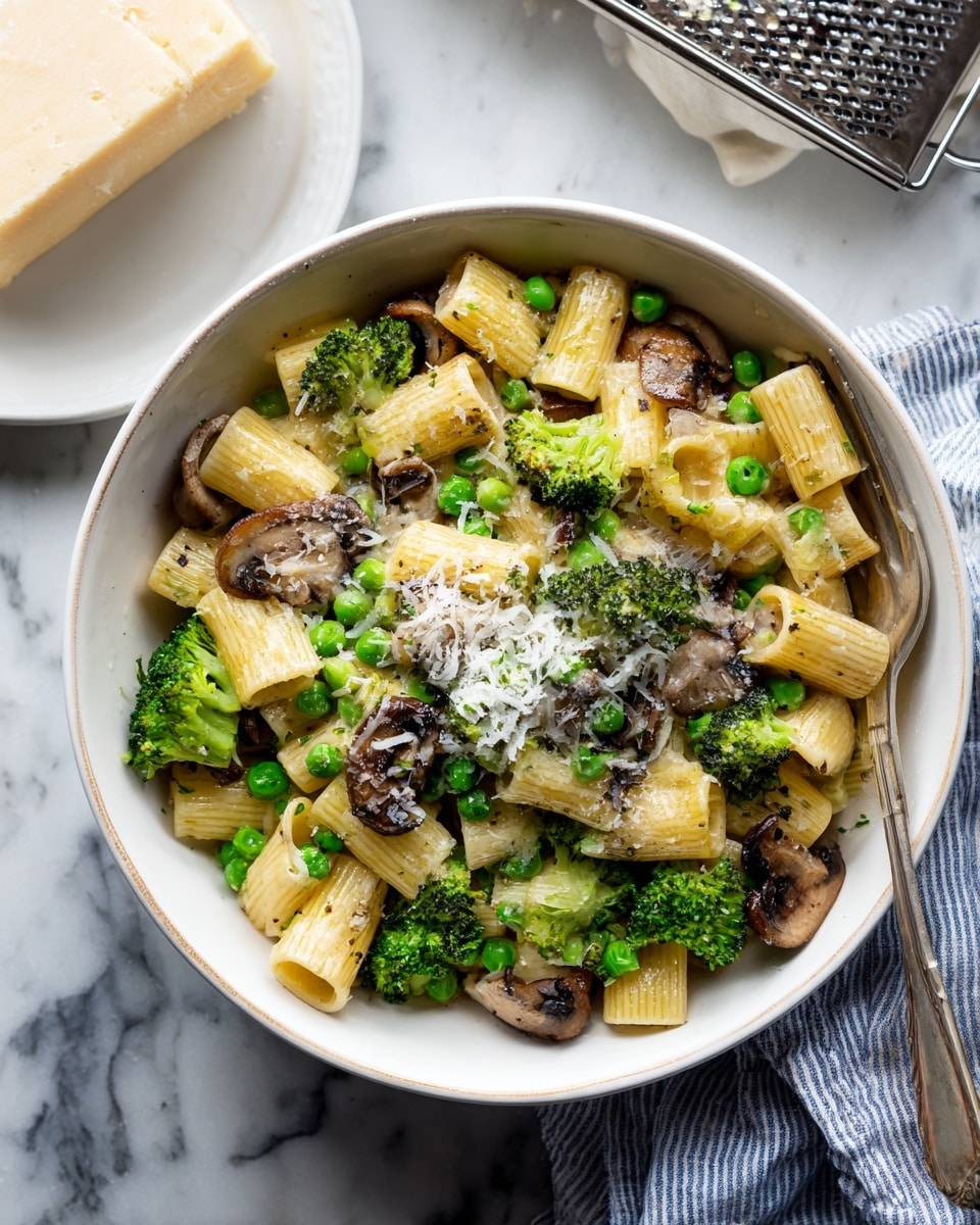 A white bowl filled with rigatoni pasta mixed with green broccoli florets, dark green leafy vegetables, peas, and brown mushroom pieces. Shredded cheese is sprinkled on top of the dish. Two woman's hands are holding a block of cheese and a grater, grating the cheese over the pasta. To the left, there is a small white plate with chopped green herbs, and to the right, another white plate holds more shredded cheese, all set on a white marbled surface. A silver fork lies next to the bowl, along with a blue and white striped cloth. Photo taken with an iphone --ar 4:5 --v 7