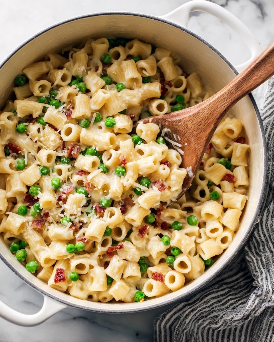 The dish is a close-up of a creamy pasta served in a white bowl on a white marbled surface, with small tube-shaped pasta coated in a light beige sauce. Scattered within the pasta are bright green peas and small pieces of browned bacon, adding texture and color contrast. A golden spoon is partially inside the bowl, lifting some pasta, peas, and bacon, showing the creamy coating on the pasta. In the background, there are bowls with grated cheese and cheese blocks on a wooden board. The overall look is warm and inviting, with natural lighting highlighting the textures and colors. photo taken with an iphone --ar 4:5 --v 7