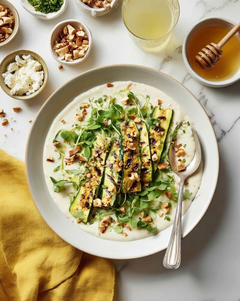 Charred Zucchini Salad with Microgreens, Feta, and Hazelnuts Recipe