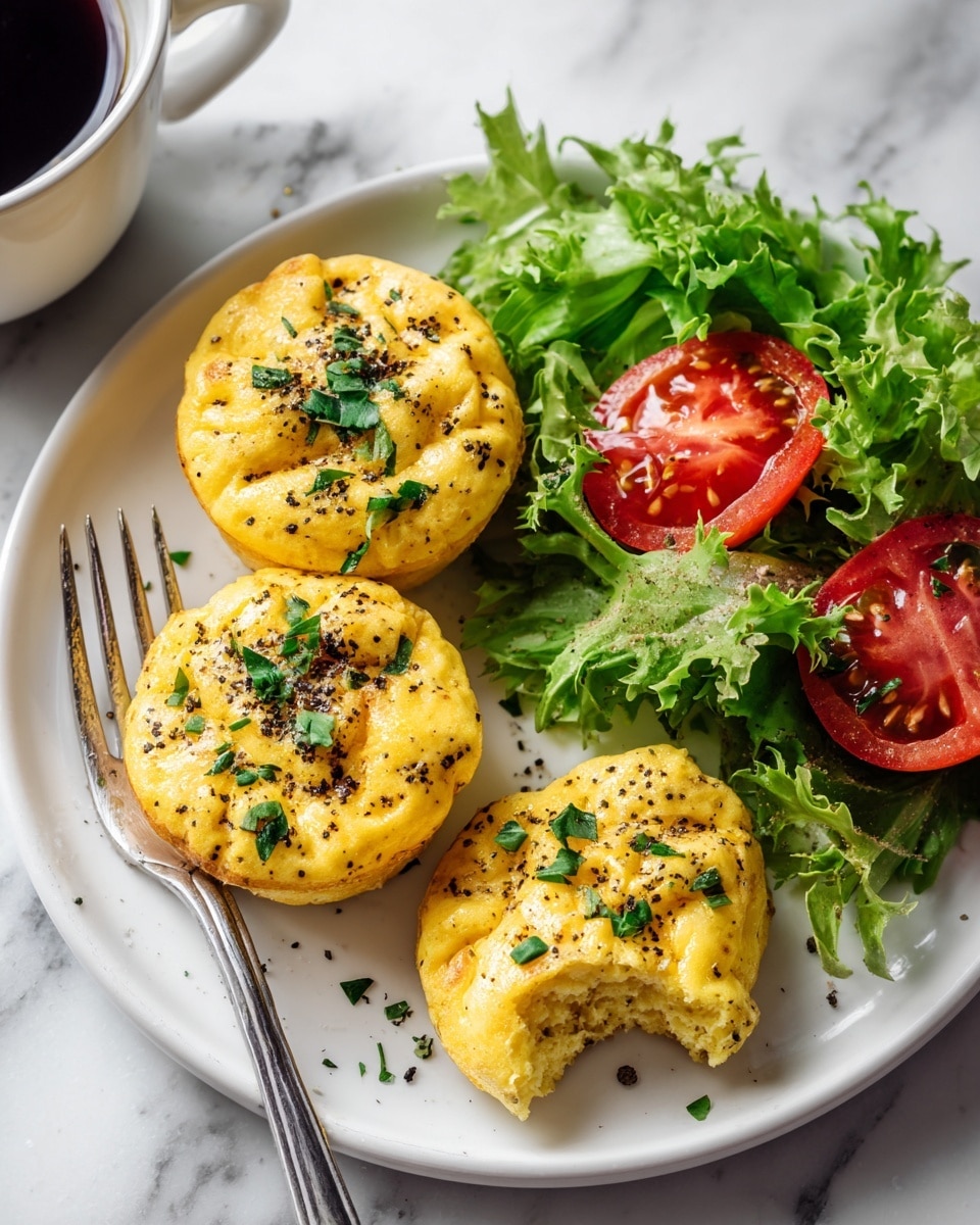 The image shows a white plate with three small round egg muffins showing a soft, golden-yellow texture topped with chopped green herbs and a sprinkle of black pepper and salt. One muffin has a bite taken out, revealing a slightly fluffy inside. On the right side of the plate, there is a fresh green salad made of curly lettuce leaves with bright red cherry tomato halves, lightly sprinkled with black pepper. A silver fork rests on the left edge of the plate over a white marbled surface, and a cup of black coffee is partially visible at the top right corner. Photo taken with an iphone --ar 4:5 --v 7