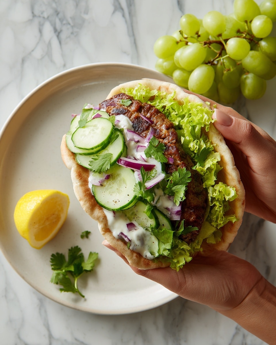 A woman's hand holds a soft light beige flatbread shaped like a taco shell. Inside it has four layers: a base layer of bright green curly leaf lettuce, a thick grilled brown meat patty with a slightly charred texture, thin pale green cucumber slices layered on top, and small pieces of red onion and fresh green cilantro leaves scattered over a light creamy white sauce. Below, on a white plate, there is a small bunch of green grapes and a wedge of yellow lemon on a white marbled surface. Photo taken with an iphone --ar 4:5 --v 7
