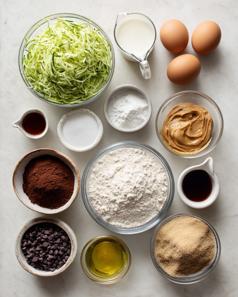 A flat lay of twelve clear glass bowls and measuring cups with baking ingredients arranged neatly on a white marbled surface; starting from the top left, a large bowl filled with shredded green zucchini, a medium measuring cup with white milk, two brown eggs placed side by side, a small bowl with white baking powder and baking soda, a tiny dish with dark brown cinnamon powder, a large bowl heaped with white flour and salt, a small white measuring cup with dark amber honey, a mini bowl filled with dark chocolate chips, a small bowl with dark golden vanilla extract, a medium measuring cup containing clear light yellow oil, a tablespoon measuring cup holding creamy light brown peanut butter, and lastly a medium bowl filled with light brown sugar. All ingredients are clearly visible and well-lit, photo taken with an iphone --ar 4:5 --v 7
