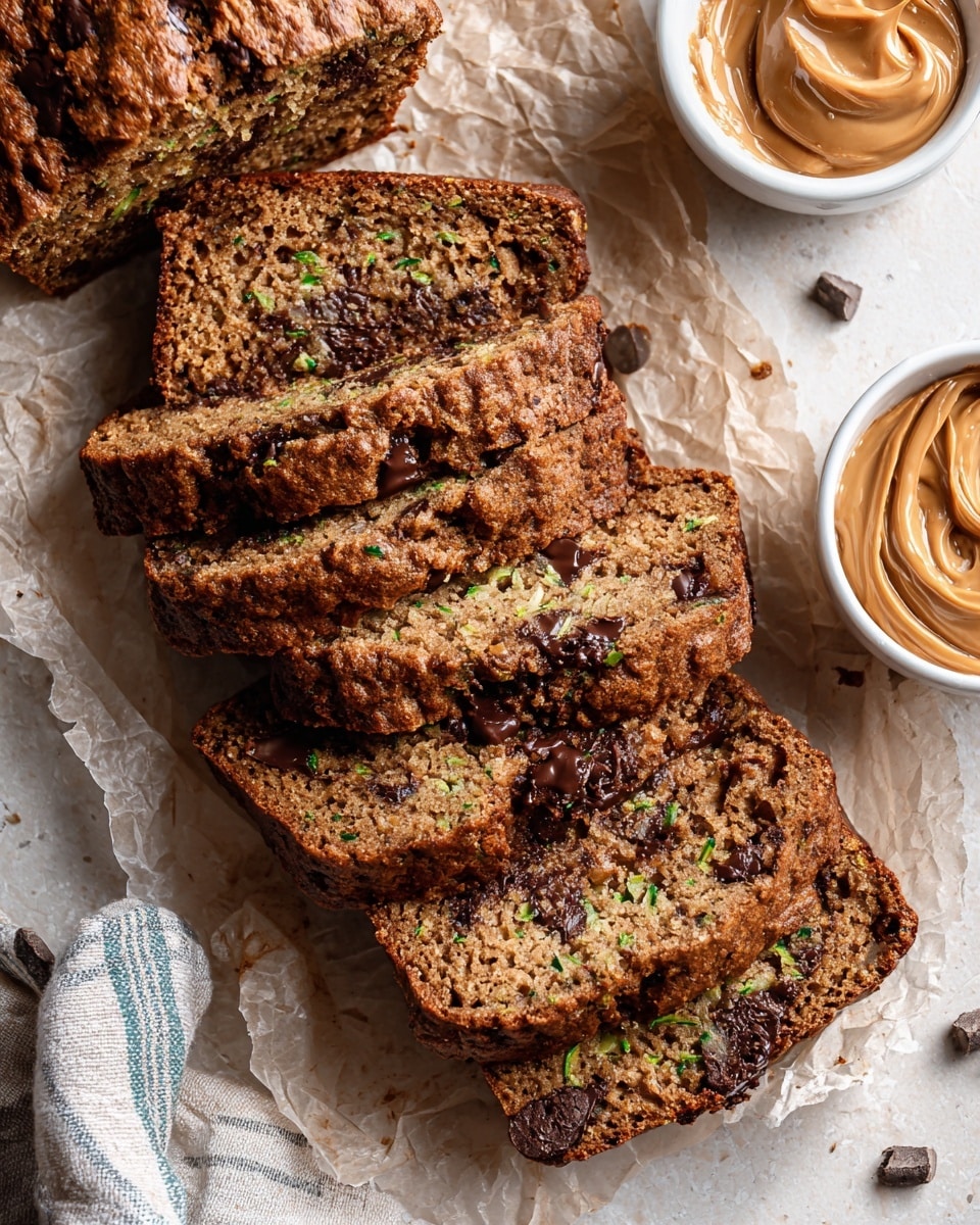 A close-up view of four slices of dark brown zucchini bread with visible dark chocolate chunks spread evenly through each piece. One slice near the center has a layer of creamy butter melting on top, showing a smooth white texture with hints of ridges from spreading. These slices rest on light brown parchment paper, which lies on a surface with a white marbled texture. At the bottom left corner, a white bowl filled with softened butter and a metal butter knife coated with butter is partly visible. The image is brightly lit, showing the moist and dense crumb texture of the bread, and the golden-brown crust edges. photo taken with an iphone --ar 4:5 --v 7