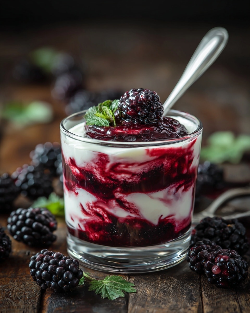 The image shows a clear glass bowl filled with a dessert made of two main layers. The bottom layer is a white creamy texture mixed and swirled with a dark red berry sauce, creating a marbled effect. The top has a dollop of white cream with more red berry sauce swirled through it. A single large blackberry and a small green mint leaf sit on the very top center. The bowl is placed on a white marbled surface. Photo taken with an iphone --ar 4:5 --v 7