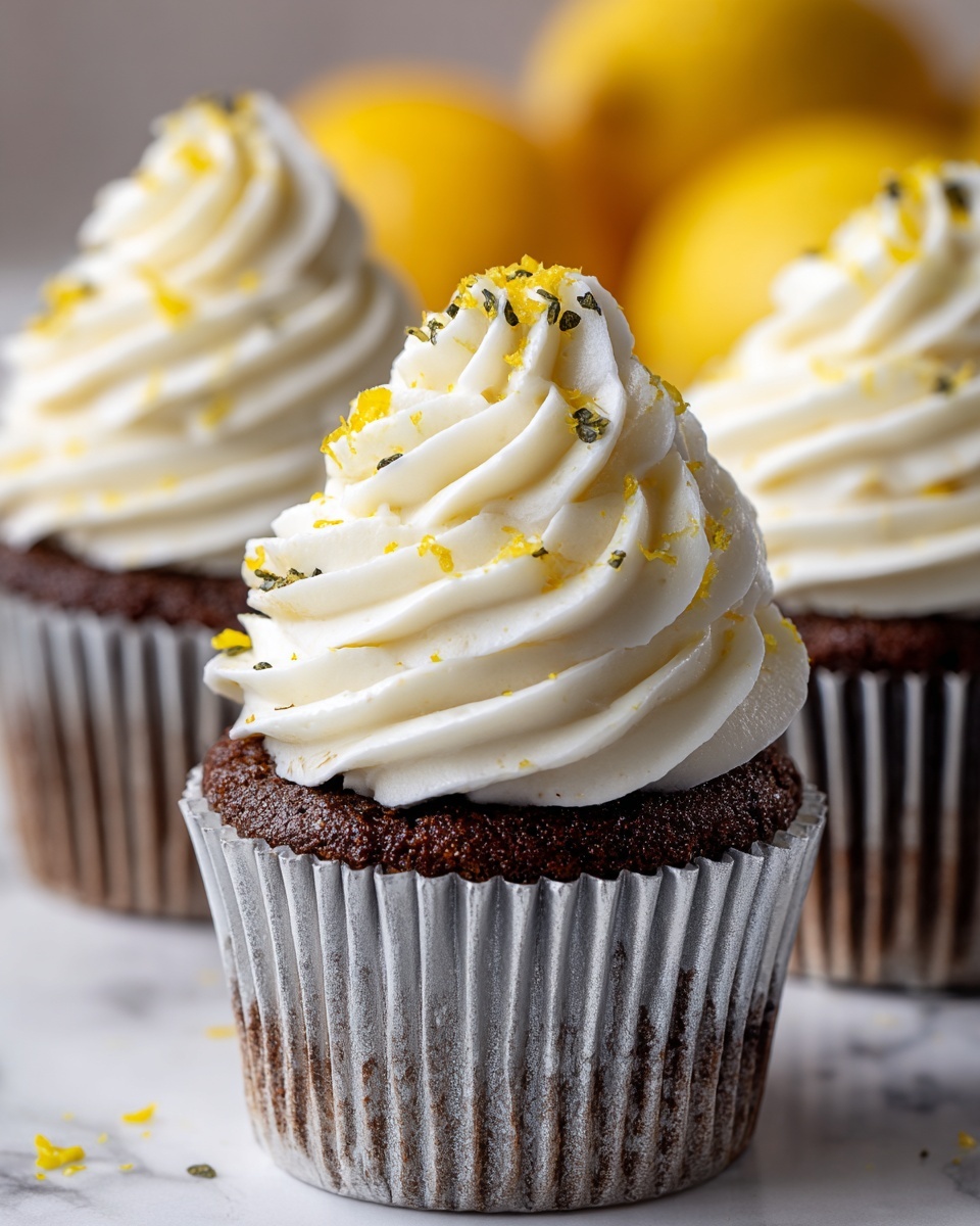 The image shows five cupcakes with three layers each: a silver cupcake liner at the bottom, a light yellow cake layer in the middle, and a thick layer of white, swirled frosting on top. The frosting is decorated with small black seeds and fine yellow zest. The cupcakes sit on a white marbled surface with sliced lemons placed around them. photo taken with an iphone --ar 4:5 --v 7