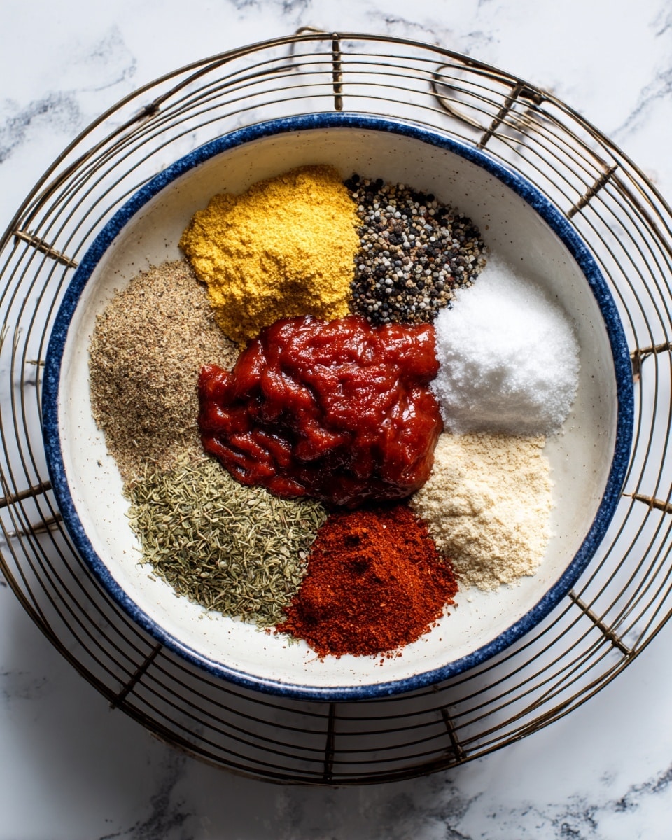 Inside a white bowl with a blue rim, there are eight different ingredients placed separately. Starting from the top: a yellow powder, a white creamy layer, a large pile of coarse black pepper, and a small mound of white granulated salt are on the right side. On the left side, there is a large dollop of thick red ketchup, a small pile of dried green herbs, a brown powder, a dark red powder, and a light beige paste near the center. The bowl is on a metal wire rack above a white marbled surface. Photo taken with an iphone --ar 4:5 --v 7