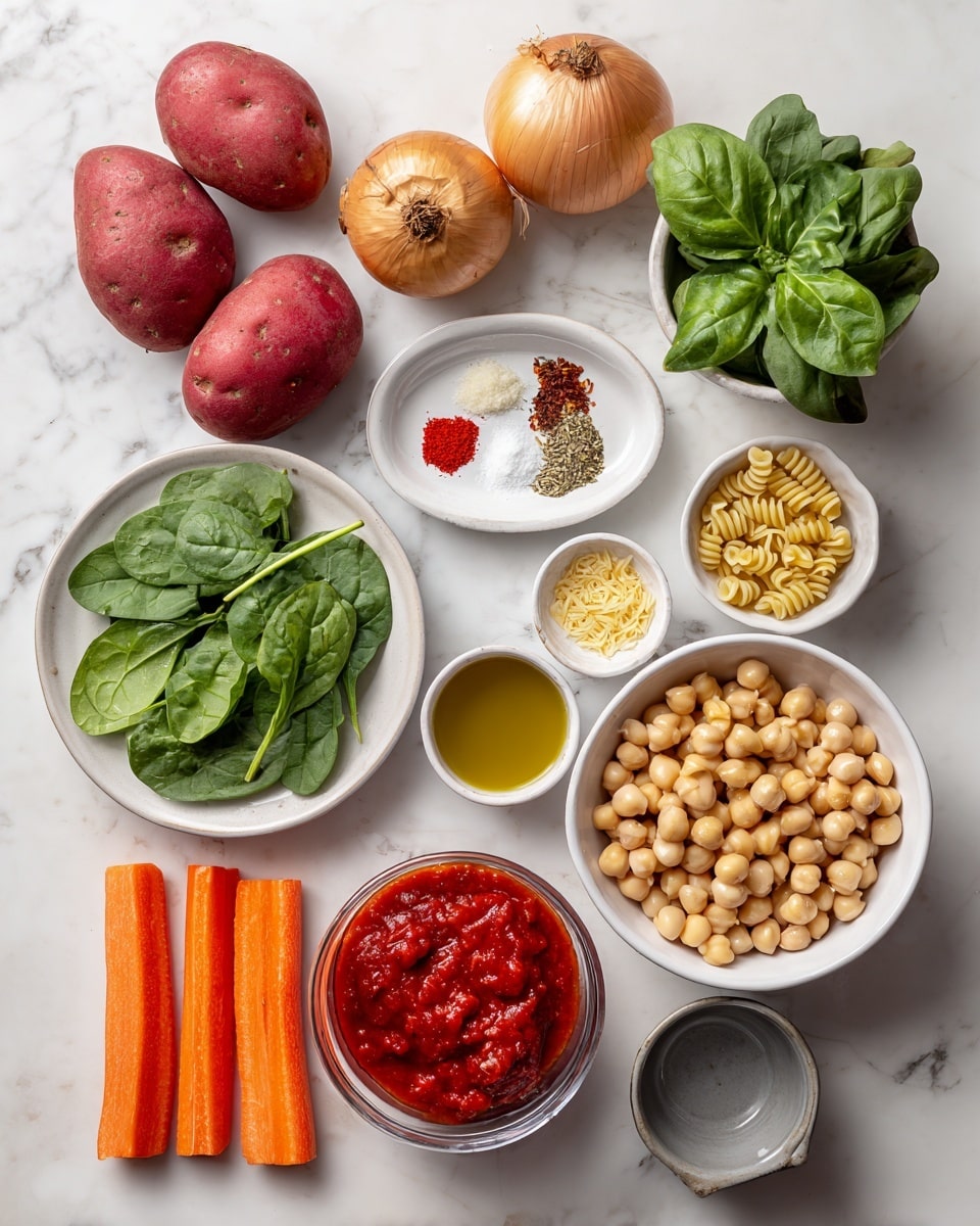 This image shows various cooking ingredients arranged neatly on a white marbled surface. At the top center, there are two red potatoes next to two brown onions. To the right, a bunch of fresh green basil leaves are placed. Below the potatoes is a small white bowl with dried oregano, red chili flakes, and white sea salt. Next to it are four garlic cloves. On the left side, fresh spinach leaves sit on a round white plate. Below the plate, two celery stalks are placed side by side. Near the bottom, two bright orange carrots lie next to a glass container filled with vegetable stock. In the center, a small white bowl contains shiny red tomato paste, while a small gray cup with olive oil sits next to it. To the right, a white bowl holds a mixture of chickpeas and cannellini beans, and adjacent to it, a white bowl contains small whole wheat pasta pieces. A scoop filled with yellow nutritional yeast is also visible. At the top left corner, an open can reveals bright red diced tomatoes. photo taken with an iphone --ar 4:5 --v 7