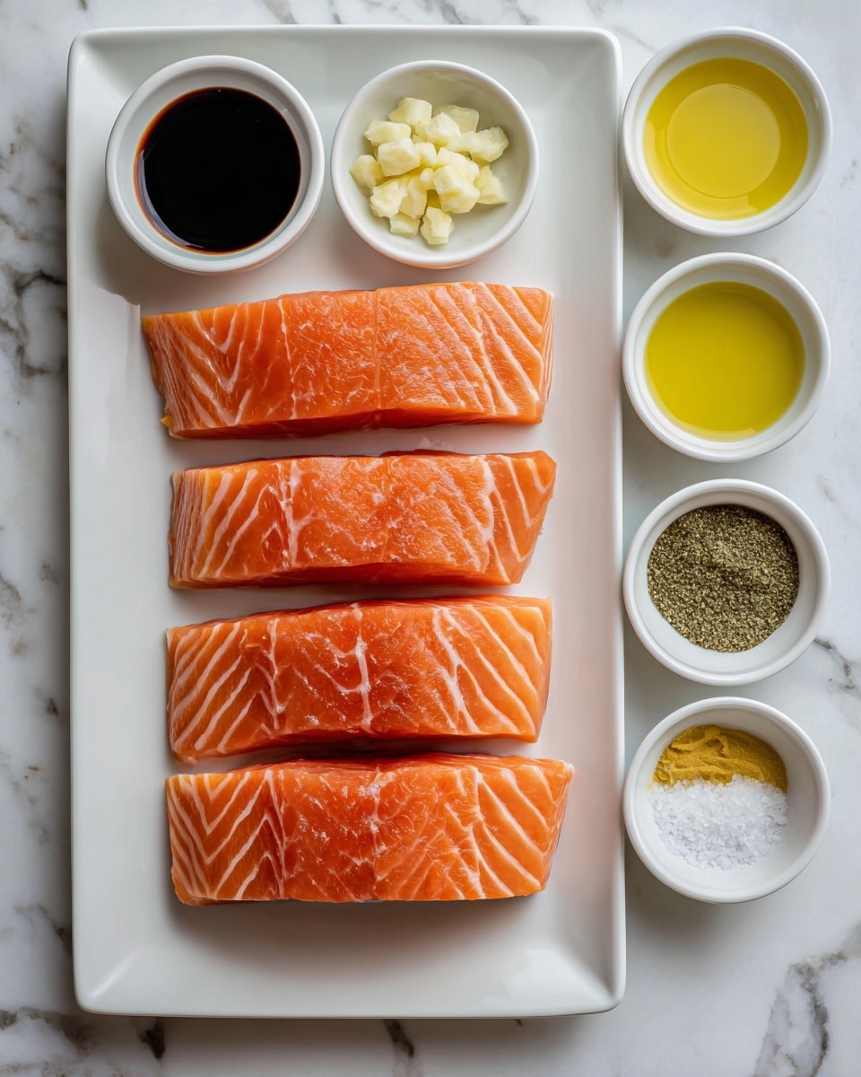 Four pieces of raw salmon with bright orange color and white lines are placed vertically in the middle of a white rectangular plate. Around the plate, there are small white bowls with different ingredients: dark soy sauce at the top left, light yellow lemon juice at the top right, light greenish-yellow olive oil at the bottom left, and brown sugar at the bottom center. Small brown bowls with white sea salt, yellow Dijon mustard, and black pepper are arranged vertically on the right side of the salmon. A small dish with minced garlic sits to the left of the salmon beside the soy sauce. Everything is on a white marbled surface. Photo taken with an iphone --ar 4:5 --v 7