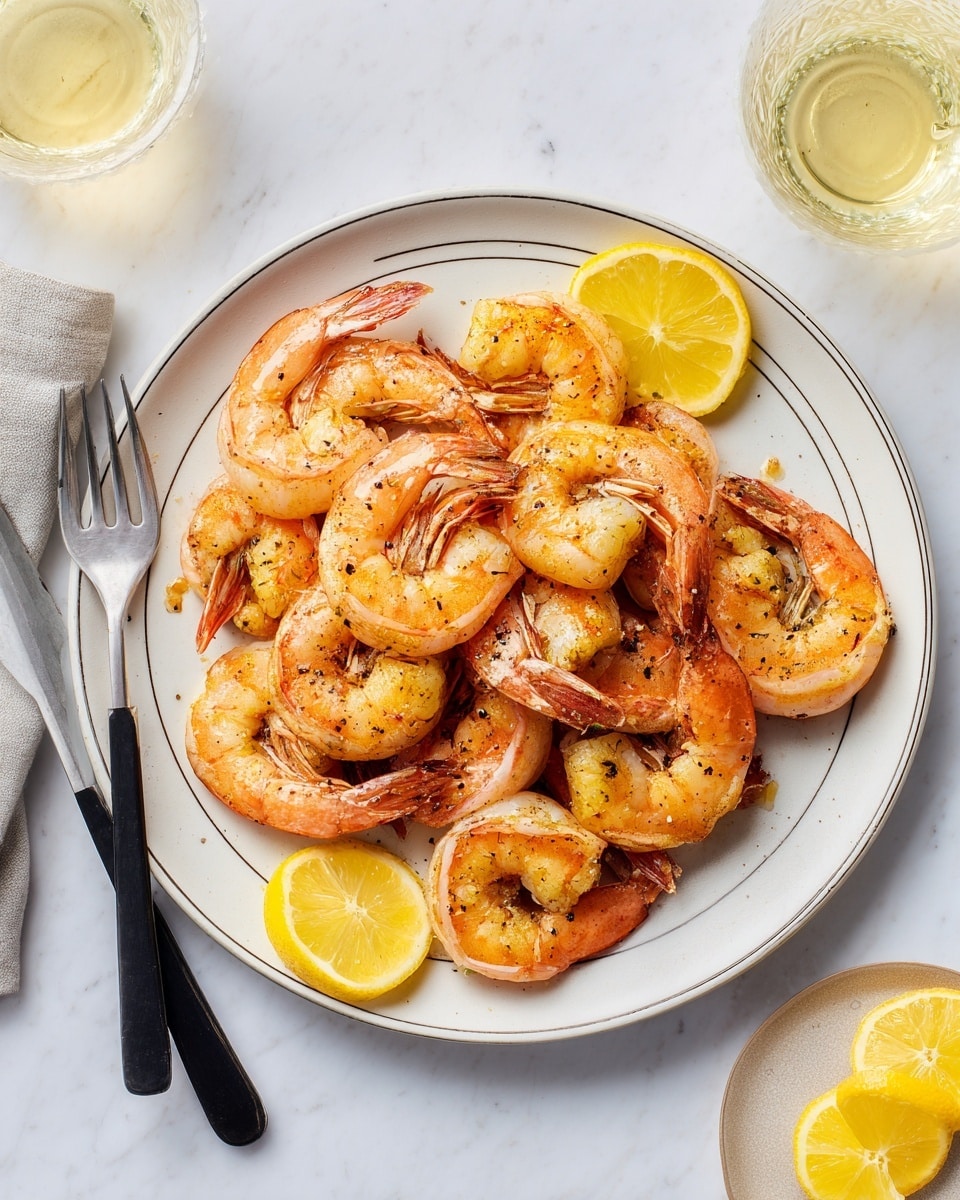 A white plate with a thin black line near the edge holds a large pile of grilled shrimp with orange and pink shells, some charred black spots, and white inner flesh. Around the shrimp, there are three bright yellow lemon wedges placed on the plate. On the white marbled surface next to the plate, there is a fork and spoon with black handles on the left, a glass of light yellow drink on the top right, and some lemon wedges on a small white plate on the bottom left. The scene is bright and clean, showing the shrimp as the main focus. photo taken with an iphone --ar 4:5 --v 7