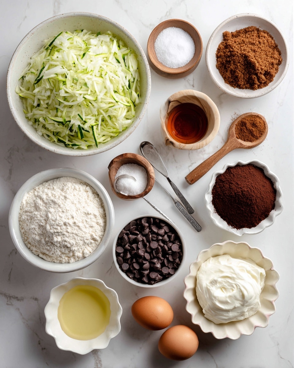 The image shows several white bowls and small dishes arranged on a white marbled surface, each filled with different baking ingredients. From the top left, a large bowl holds grated green and white zucchini, beside it to the right is a bowl filled with brown coconut sugar. Below the zucchini bowl, there is a small wooden dish with white sea salt. Two small measuring spoons with white baking soda and brown cinnamon powder rest beside them. Next to the cinnamon is a bowl filled with white flour, and to its right, a bowl with dark brown cocoa powder. Below the flour bowl there is a white bowl with creamy white Greek yogurt, and next to it a white scalloped bowl filled with dark chocolate chips. On the bottom left, a white bowl contains pale yellow coconut oil with clear ridges. Two brown eggs sit near the bottom center, next to a small white bowl with amber vanilla extract. The setup is clean and bright with a neat, organized presentation. Photo taken with an iphone --ar 4:5 --v 7