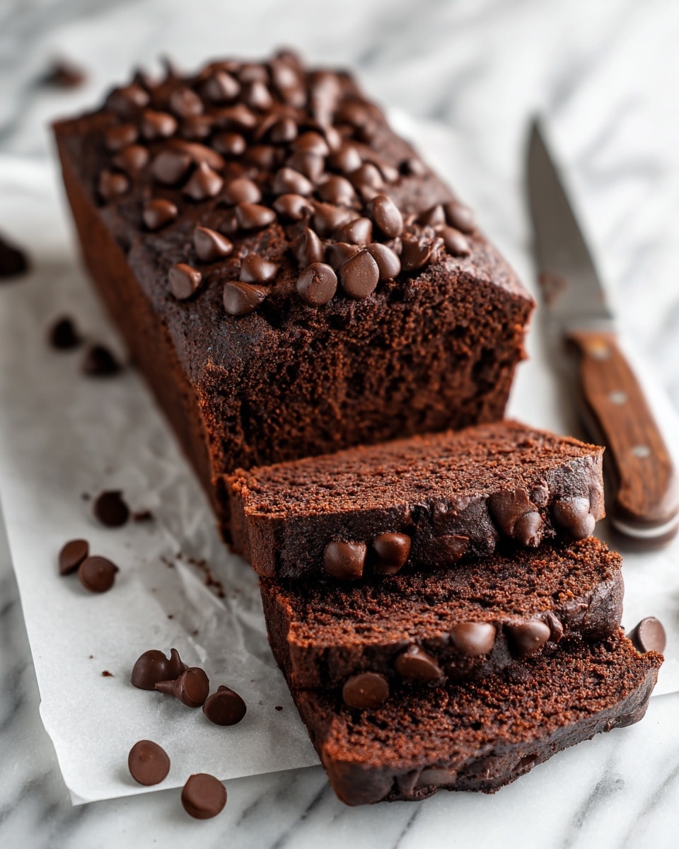 A rectangular dark chocolate loaf is seen in a silver baking pan, with a bumpy, textured top dotted evenly with shiny chocolate chips. The rich brown-black loaf fills the pan fully with a slightly uneven surface, showing moistness and dense crumb. To the left, a shallow white bowl holds extra chocolate chips, some spilled casually onto the white marbled surface below. On the right side, a crumpled light brown linen napkin adds a soft touch, with the whole scene set against a clean white marbled background. Photo taken with an iphone --ar 4:5 --v 7