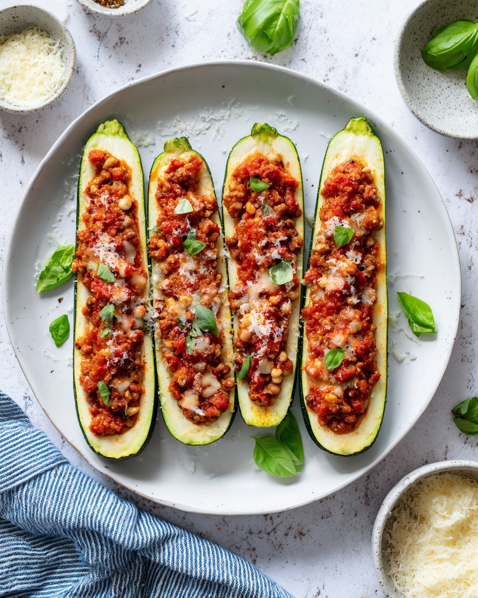 Two zucchini halves, hollowed out and filled with a chunky reddish-orange mixture made of finely chopped ingredients, rest on a white plate. The filling is topped with small green basil leaves and lightly sprinkled with white grated cheese. The green zucchini skin contrasts with the warm color of the filling. Two white-handled gold flatware pieces, a fork and a knife, are placed on the plate beside the zucchini. Around the plate, fresh basil leaves lie on a white marbled surface, alongside a small white bowl with coarse salt and cracked black pepper and a green bowl with grated cheese. A light blue and white striped cloth napkin is partially visible at the bottom. Photo taken with an iphone --ar 4:5 --v 7