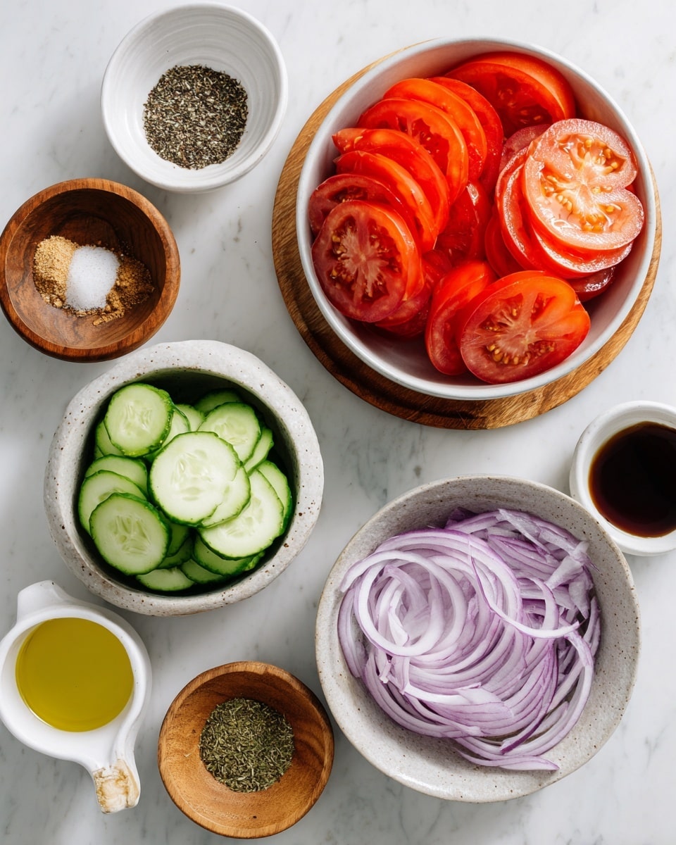 The image shows several white bowls with different fresh ingredients placed on a white marbled surface. One bowl has bright red sliced tomatoes arranged in layers, another bowl contains light green cucumber slices stacked closely, and a third bowl holds thinly sliced purple-red onion rings. Around these bowls, there are small wooden bowls with raw brown sugar, black and white pepper mix, and coarse sea salt. A tiny textured bowl contains finely chopped pale yellow garlic. There is also a small white bowl with golden olive oil and a small white cup holding red wine vinegar. A small wooden bowl with dry Italian seasoning is also present. Each item is neatly placed, making the overall arrangement colorful and clean, photo taken with an iphone --ar 4:5 --v 7