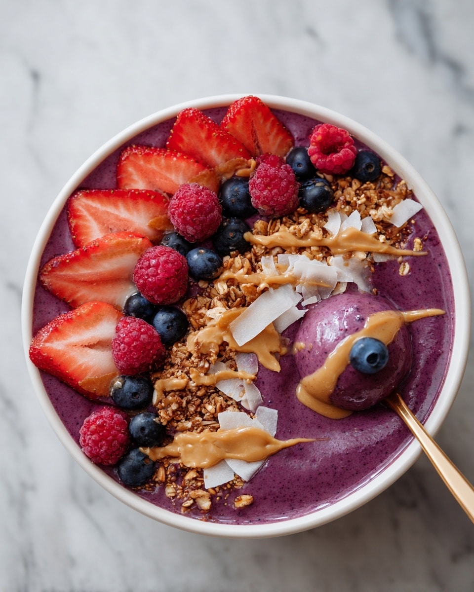 A white bowl filled with a thick, smooth purple smoothie base, topped with a layer of halved red strawberries arranged neatly around the edge, bright red raspberries, and whole dark blue blueberries scattered on top. There is a sprinkling of light brown granola clusters with oats and seeds in the center, along with thin white coconut flakes and drizzles of creamy peanut butter creating a textured, layered look. A spoon with a gold handle is shown close up, holding a scoop of the purple smoothie with a single blueberry on it. The bowl sits on a white marbled surface. Photo taken with an iphone --ar 4:5 --v 7