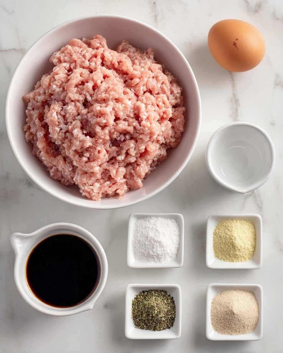 A top-down view of a white bowl filled with pinkish ground turkey that has a soft and slightly textured look, sitting on a white marbled surface. To the right, there is a small white cup holding a brown egg. Below the turkey, a white bowl holds five piles of dry spices arranged side by side: green Italian seasoning, white sea salt, black pepper, pale yellow garlic powder, and beige onion powder. At the bottom left, a small white cup contains dark Worcestershire sauce. Each item is labeled with black text on white rectangular blocks. Photo taken with an iphone --ar 4:5 --v 7