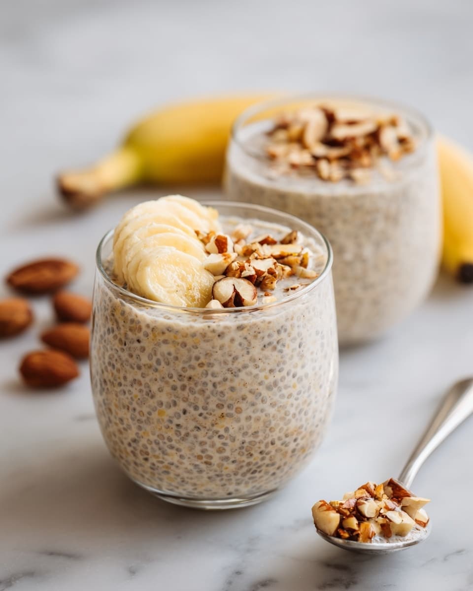 The image shows a close-up of two clear glasses filled with a chia seed pudding that is light brown with tiny black chia seeds spread throughout. The glass in the foreground is topped with a fan of sliced yellow banana on one side and small chopped light brown nuts scattered on top and mixed in the pudding. A silver spoon holding a scoop of the pudding with banana slices and nuts is held above this glass. The background glass is also topped with chopped nuts. In the background, there is a peeled half banana and some whole nuts on a white marbled surface. The whole scene is bright and clean. Photo taken with an iphone --ar 4:5 --v 7