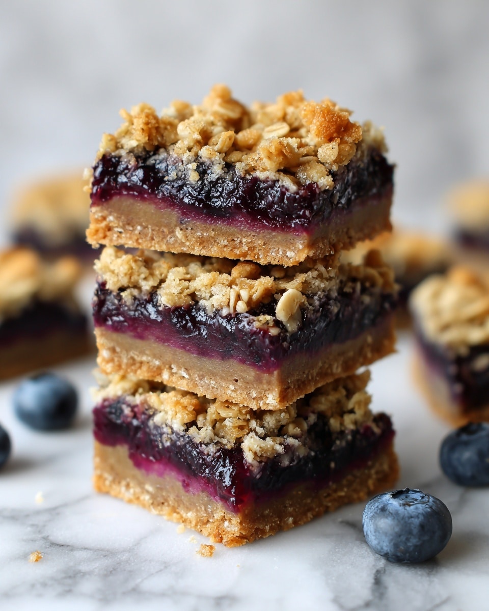 The image shows two square berry bars on white marbled paper. Each bar has three visible layers: a dark purple berry filling in the middle, a crumbly golden oat and nut topping with pieces of oat flakes and small seeds, and a thin, slightly darker crust on the bottom. Some crumbs from the topping are scattered around the bars, and whole blueberries are placed beside them on the white marbled surface. The bars have clean, sharp edges and a textured crumbly top. Photo taken with an iphone --ar 4:5 --v 7