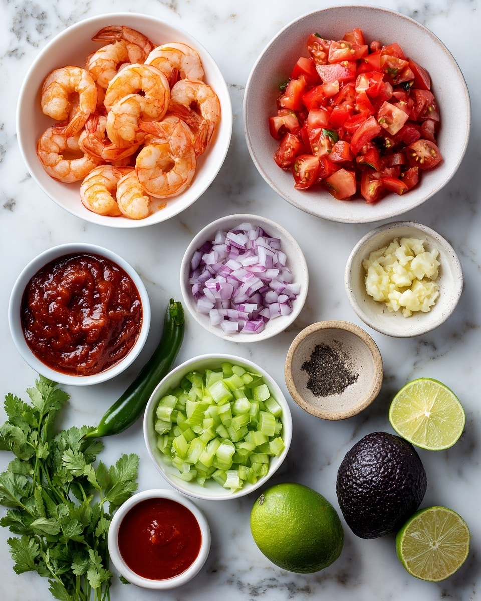 The image shows many small white bowls and plates on a white marbled surface, each with different colorful ingredients arranged neatly. The largest bowl at the top left holds bright orange cooked shrimp with tails, looking fresh and plump. To the right, a smaller round white bowl is filled with chopped red tomatoes, showing juicy, uneven chunks. Below and to the left, a small white bowl has thick, rich red tomato sauce with bits of tomato visible in it. Next to it, a small white bowl is filled with light green chopped celery pieces, finely diced. A round white bowl slightly below contains small pieces of chopped purple-red onion, contrasting with the other ingredients. A small beige plate holds minced pale yellow garlic. A white sauce container holds shiny, smooth red ketchup. Below, another small white bowl contains mixed coarse bits of black pepper and white sea salt. There are lime halves positioned near the center right, showing light green flesh. Below that, a small white bowl holds deep red Mexican hot sauce. A green jalapeño rests in a small white bowl near the bottom left. Fresh bright green cilantro bunches and two whole dark green avocados with rough skin lie on the surface near the bottom. The colors stand out well against the white marbled background. Photo taken with an iphone --ar 4:5 --v 7