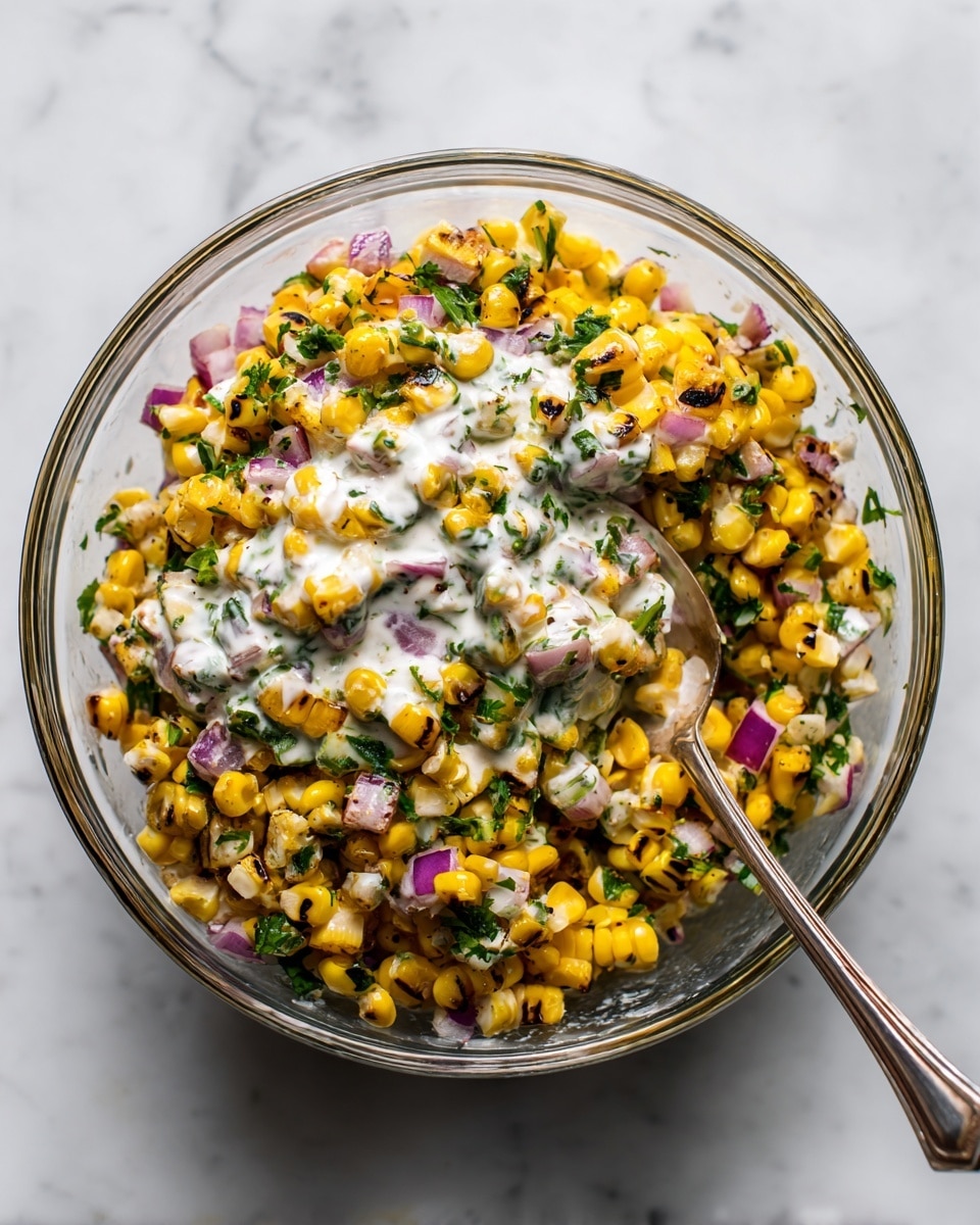 The image shows a bowl filled with a colorful corn salad that has three main layers: a base layer of bright yellow grilled corn kernels with some black char marks, mixed with bits of purple onion and green chopped herbs scattered throughout. On top, there is a creamy white dressing drizzled over the salad, adding a smooth texture and light contrast to the vibrant colors. The salad is in a clear bowl placed on a white marbled surface. A silver spoon is partially visible poking into the salad photo taken with an iphone --ar 4:5 --v 7