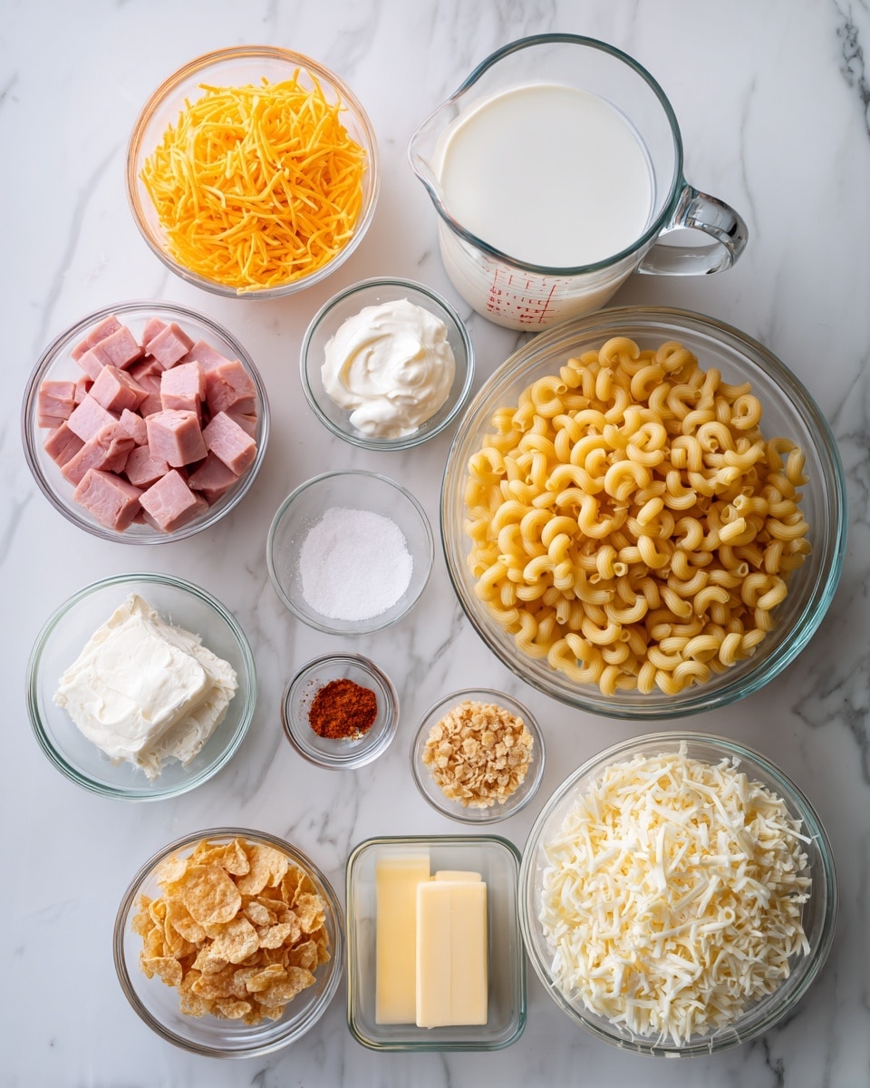 The image shows various bowls filled with ingredients for a recipe, all placed on a white marbled surface. There is a large glass bowl of uncooked elbow macaroni with a yellowish color. To its right is a smaller glass bowl with shredded bright orange cheese. Above these, a large glass measuring cup holds white milk. Below the macaroni, a medium glass bowl contains small pink cubes of ham. Near the center, a small glass bowl holds white cream cheese. Next to it, a small glass bowl is filled with crushed beige cornflakes. To the right of that is another medium glass bowl with shredded white cheese. There is also a small glass jar with white salt, a small glass bowl with a little red paprika powder, and two small sticks of pale yellow butter. Photo taken with an iphone --ar 4:5 --v 7