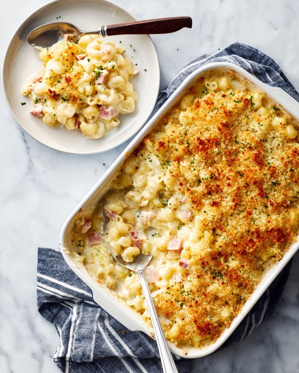 The image shows a baked macaroni dish in a white rectangular baking tray filled with curly macaroni pasta. The top layer is a golden-brown crunchy topping with uneven crumbs spread thickly over the macaroni. The macaroni underneath has a creamy, light yellow color and peeks through the crispy topping in some spots. The tray is placed on a white marbled surface with a folded blue cloth napkin with white stripes on the left side, holding two forks with dark brown handles. Photo taken with an iphone --ar 4:5 --v 7