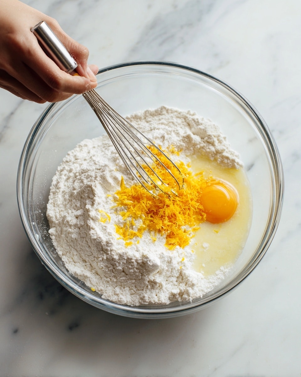 A clear glass bowl sits on a white marbled surface. In the first part of the image, a woman's hand holds a whisk stirring a mound of white powdery flour inside the bowl. In the second part, a woman's hand uses a metal grater to rub bright orange lemon zest over a mixture inside the same bowl, which also contains a raw egg yolk sitting on a light, creamy liquid mix. Photo taken with an iphone --ar 4:5 --v 7