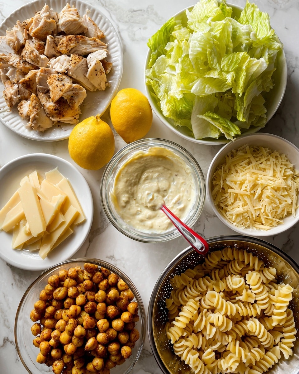 The image shows five groups of food items arranged on a white marbled surface. There is a white plate with pieces of cooked light brown and white chicken at the top left. Next to it, there is a halved lemon showing its bright yellow inside. On the top right, a white bowl is filled with bright green chopped lettuce. In the center, a glass bowl holds a creamy off-white sauce with a red spoon sticking out. At the bottom right, a silver colander contains pale yellow cooked rotini pasta. At the bottom left, a metal bowl has plenty of crispy, golden-brown roasted chickpeas. Close to the bottom left, a small white bowl contains thick slices of pale yellow cheese and some cheese shavings. photo taken with an iphone --ar 4:5 --v 7