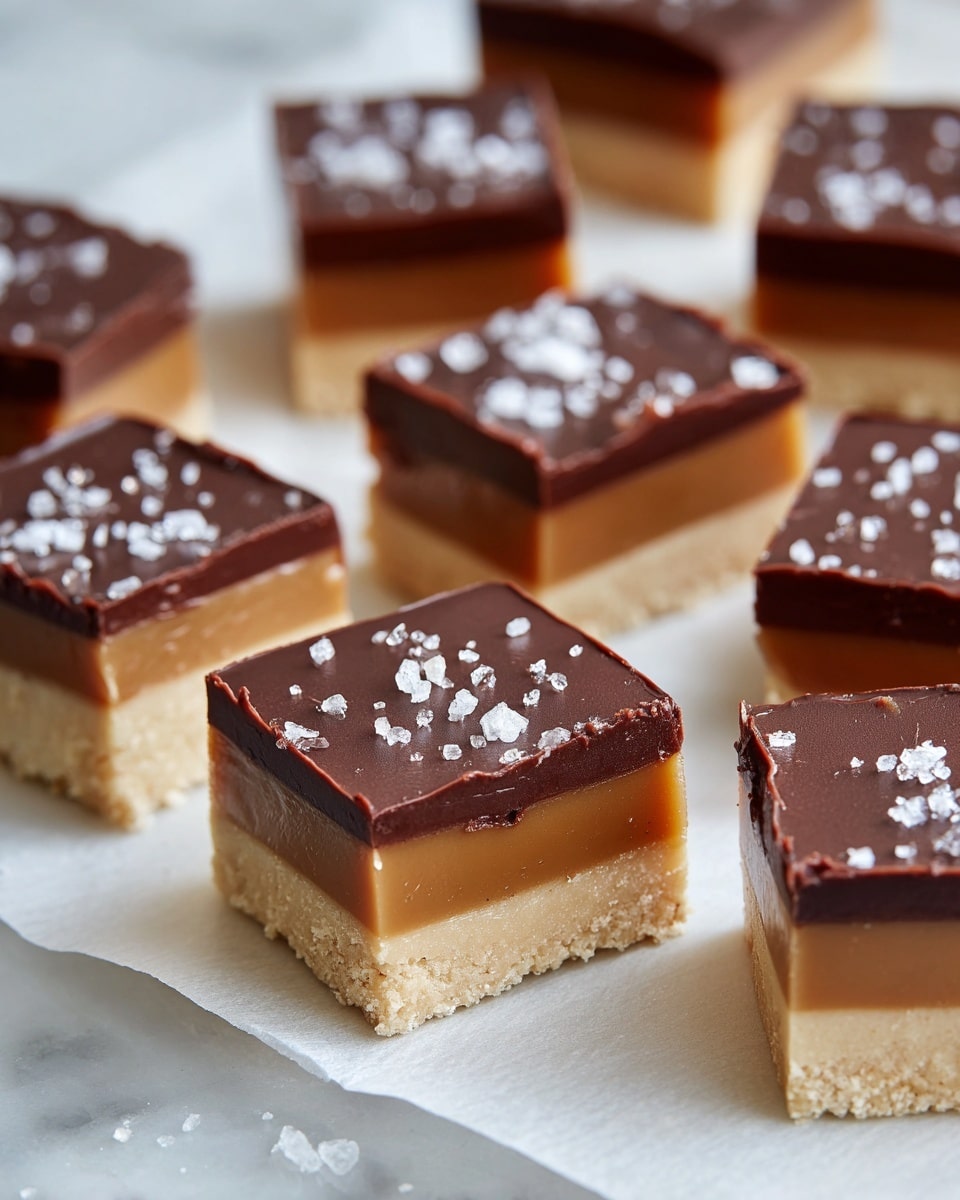 The image shows small square bars stacked and placed on a white marbled surface. Each bar has three distinct layers: a smooth dark brown top layer, a thick golden caramel middle layer, and a thick beige bottom layer with a slightly crumbly texture. The bars are neatly cut with sharp edges, some sprinkled lightly with white flakes on top. Two squares are stacked in the center, with others scattered around them, all evenly lit with a soft background blur. Photo taken with an iphone --ar 4:5 --v 7