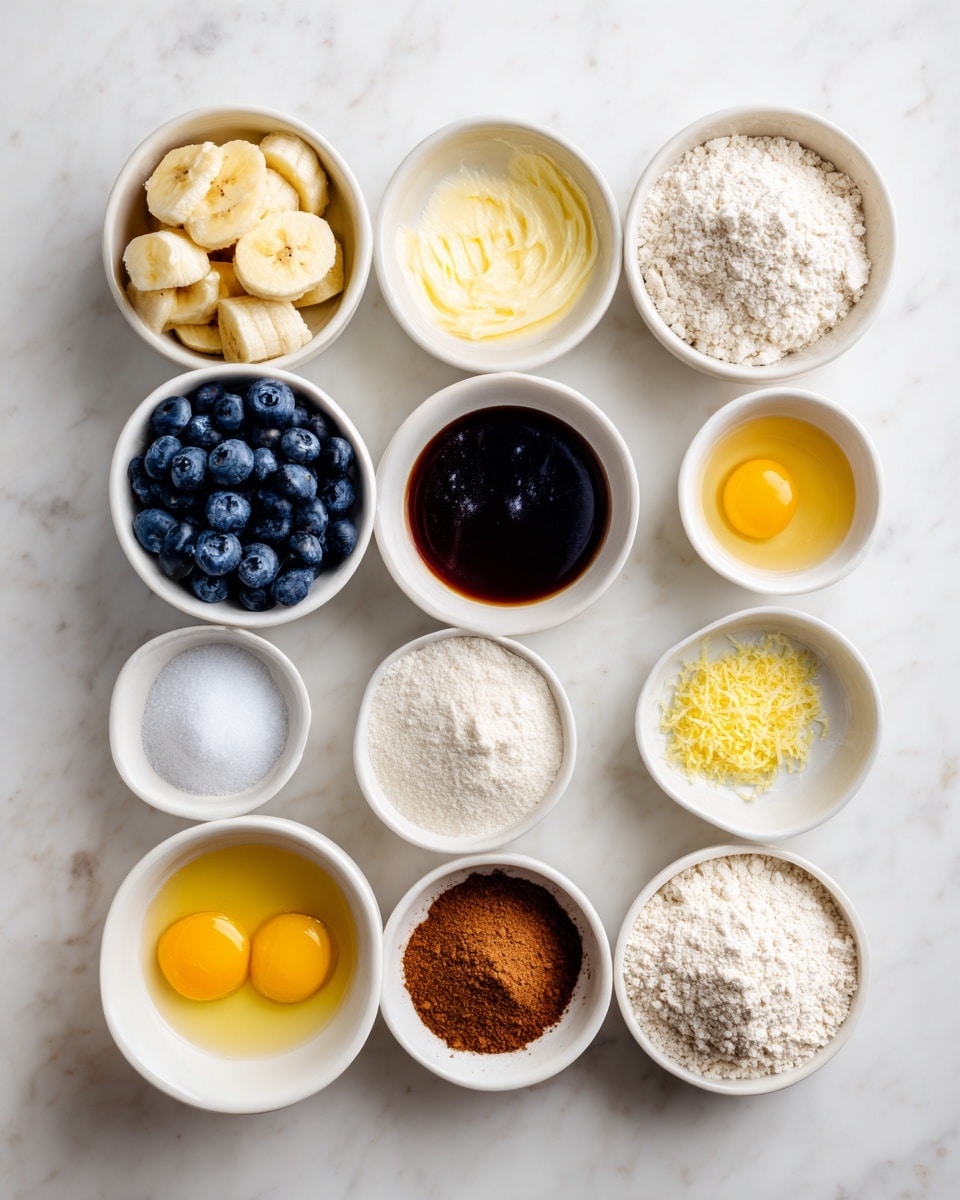This image shows twelve small white bowls arranged neatly on a white marbled surface. Each bowl holds a different baking ingredient: chopped ripe bananas with a soft yellow color in one bowl; fresh blueberries that are deep blue and round in another; melted butter with a bright yellow, smooth texture; beaten eggs with a frothy light yellow color; granulated sugar appearing white and fine; gluten-free flour, also white and powdery; baking soda, fine white powder; vanilla extract, dark amber liquid; xanthan gum, a light white powder; ground cinnamon with a rich brown color; lemon zest, finely grated and bright yellow; and a small amount of salt, white and granular. The arrangement is clean, with a fresh and simple look, all bowls evenly spaced. Photo taken with an iphone --ar 4:5 --v 7