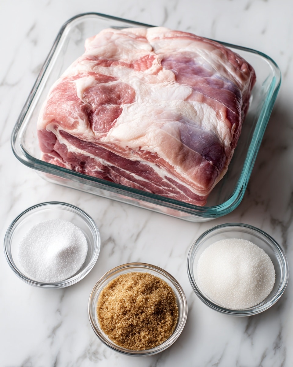 The image shows one large piece of pork shoulder with pink and white fat layers on top, placed in a clear glass container on a white marbled surface. To the right, there are three small clear glass bowls arranged in a vertical line: the top bowl contains white salt, the middle bowl holds white sugar, and the bottom bowl is filled with brown sugar labeled