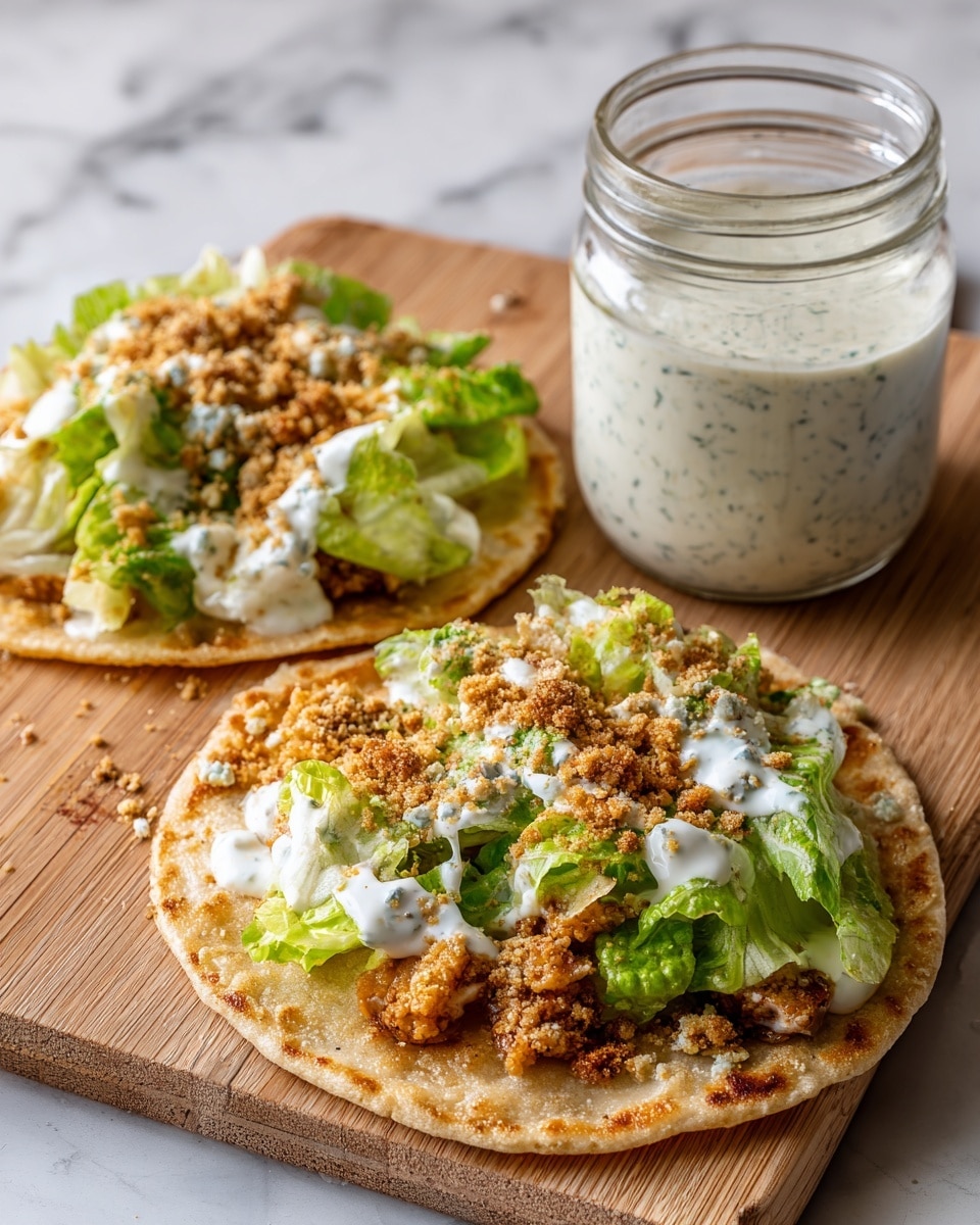 A close-up view of a taco held by a woman's hand, layered with a light golden, slightly browned tortilla that has a crispy texture on the edges. Inside the tortilla is a piece of grilled, light brown meat with toasted spots and herb specks. On top of the meat, there is a layer of pale green lettuce with a mix of firmer and softer leaves. Some white sauce with a creamy texture is drizzled over the lettuce, and small bits of crispy topping are sprinkled on the sauce. The image is set on a white marbled surface. photo taken with an iphone --ar 4:5 --v 7
