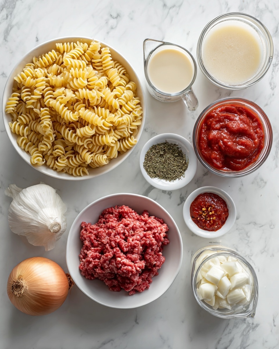 The image shows a top view of several ingredients placed on a white marbled surface. There are clear glass and white bowls holding different items: one white bowl filled with yellowish-brown spiral pasta, another white bowl with raw red ground beef, and two clear glass measuring cups containing light cream and light brown chicken broth. Nearby, there is a single whole light brown onion, two peeled garlic cloves, and two small white bowls holding red pepper flakes and mixed green Italian herbs. Finally, two cans are open, one with bright red tomato paste and the other with chunky red tomatoes. The arrangement is neat and spaced, all on the white marbled background. photo taken with an iphone --ar 4:5 --v 7