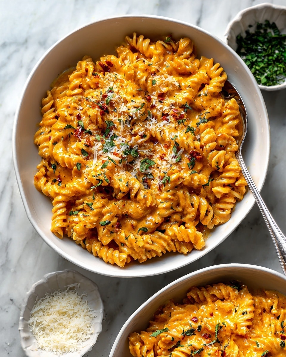 The image shows a white pot filled with spiral pasta in a thick, creamy orange-red sauce. The pasta is well coated with the sauce, and there is a sprinkle of grated cheese and small green herbs on top. A wooden spoon is partially submerged in the pasta, lifting some spirals, showing the creamy texture mixing with bits of sauce and herbs. The pot sits on a white marbled surface, and the sauce clings to the sides of the pot, adding a rich, hearty look. photo taken with an iphone --ar 4:5 --v 7