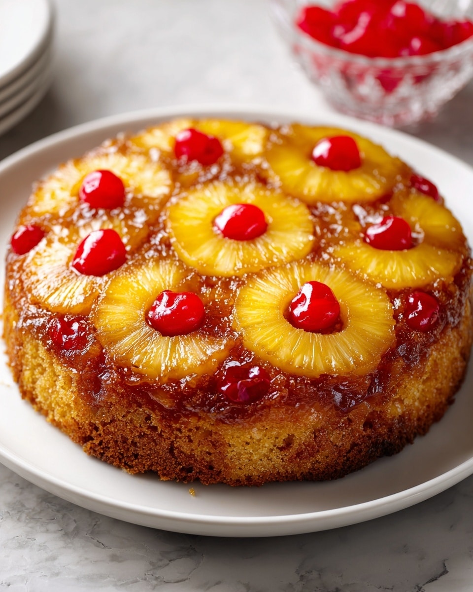 A close-up of a pineapple upside-down cake slice being lifted from a whole cake on a white plate, showing two clear layers: a light golden brown cake base with a soft texture and a shiny top layer of caramelized pineapple rings with red cherries placed in the center of each ring, all with a glossy, sticky syrup coating. The full cake on the plate is thick and has a slightly darker brown crust around the sides. In the blurred background, there is a small glass bowl filled with bright red cherries. The setting is on a white marbled surface. Photo taken with an iphone --ar 4:5 --v 7